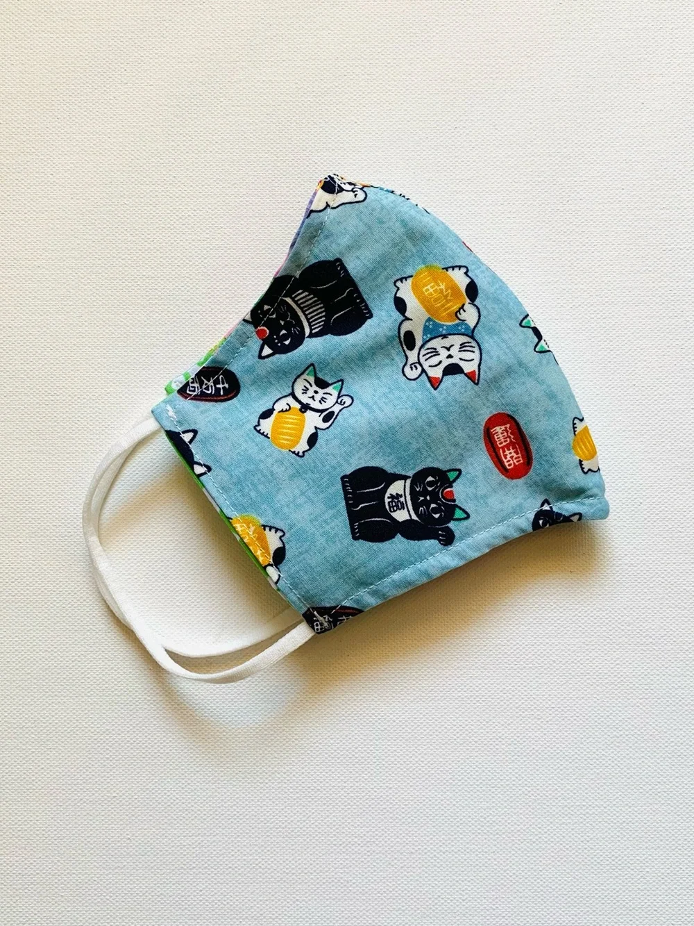 NEW Handmade Blue Lucky Cat Print Kids Cotton Face Mask